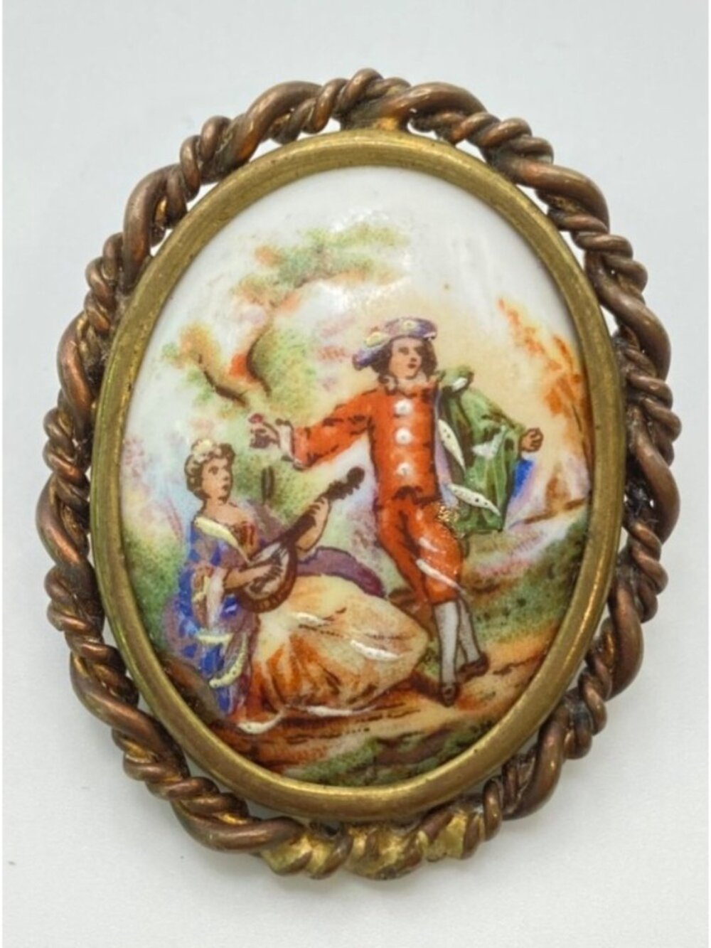 Limoges France Vintage Hand-Painted Porcelain Brooch With Ornate Gold-Tone Frame